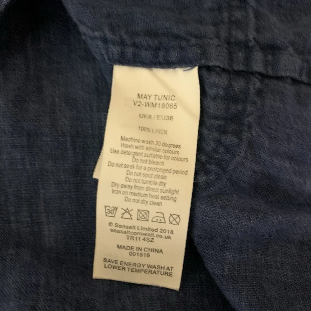 Seasalt Cornwall May Tunic Blue Linen‎ Coastal Casual Pockets UK 8